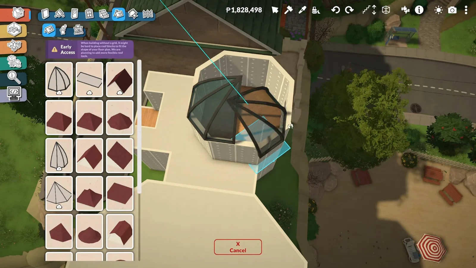 Curved roof catalogue open over a Paralives observatory floor plan as a glass roof section goes in above the double-height library
