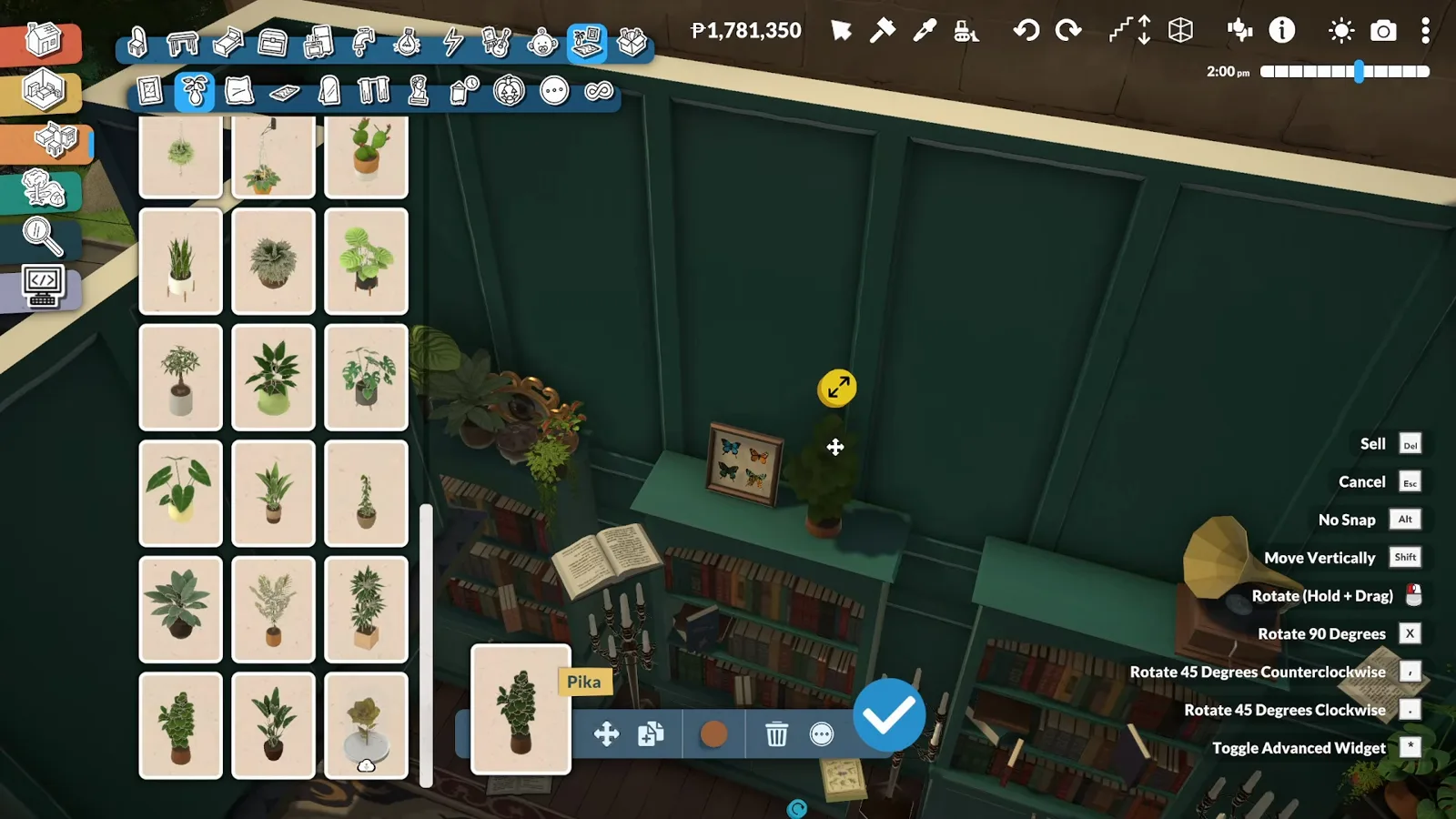 Trailing plants suspended from the loft edge above a Paralives library while the plant catalogue lists hanging greenery