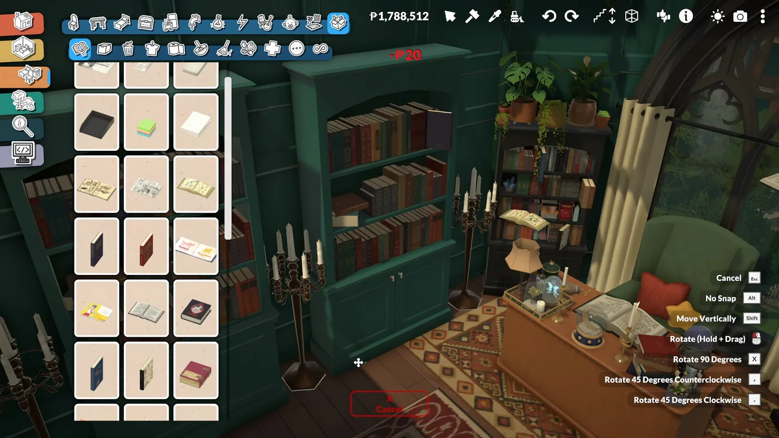 Paralives right-click object menu showing No Snap with Alt and Move Vertically with Shift over a book held between library shelves