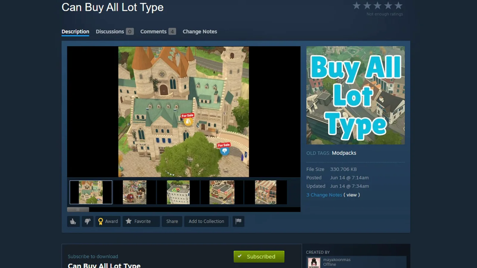 Steam Workshop page for the Can Buy All Lot Type mod open over Paralives, the mod that unlocks building on public lots