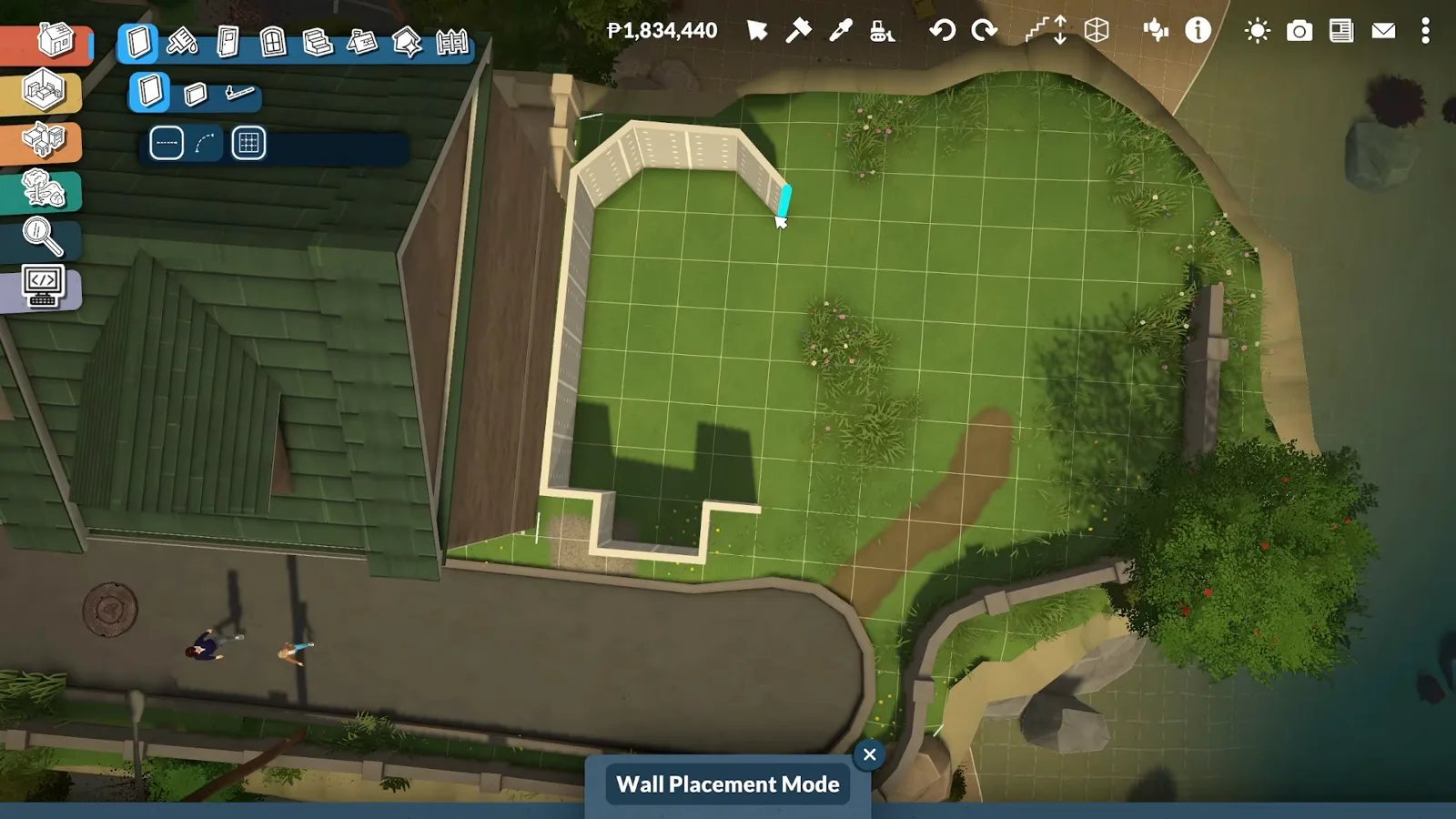 Wall Placement Mode drawing the first walls on an empty public beach lot in Paralives, land the base game does not sell