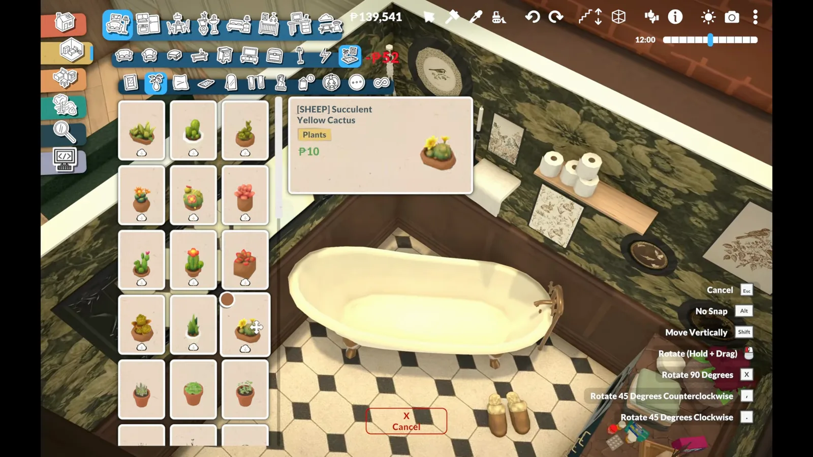 Paralives bathroom with a succulent and cactus catalogue open over a clawfoot tub, botanical prints and checkered floor Paralives bathroom with a succulent and cactus catalogue open over a clawfoot tub, botanical prints and checkered floor