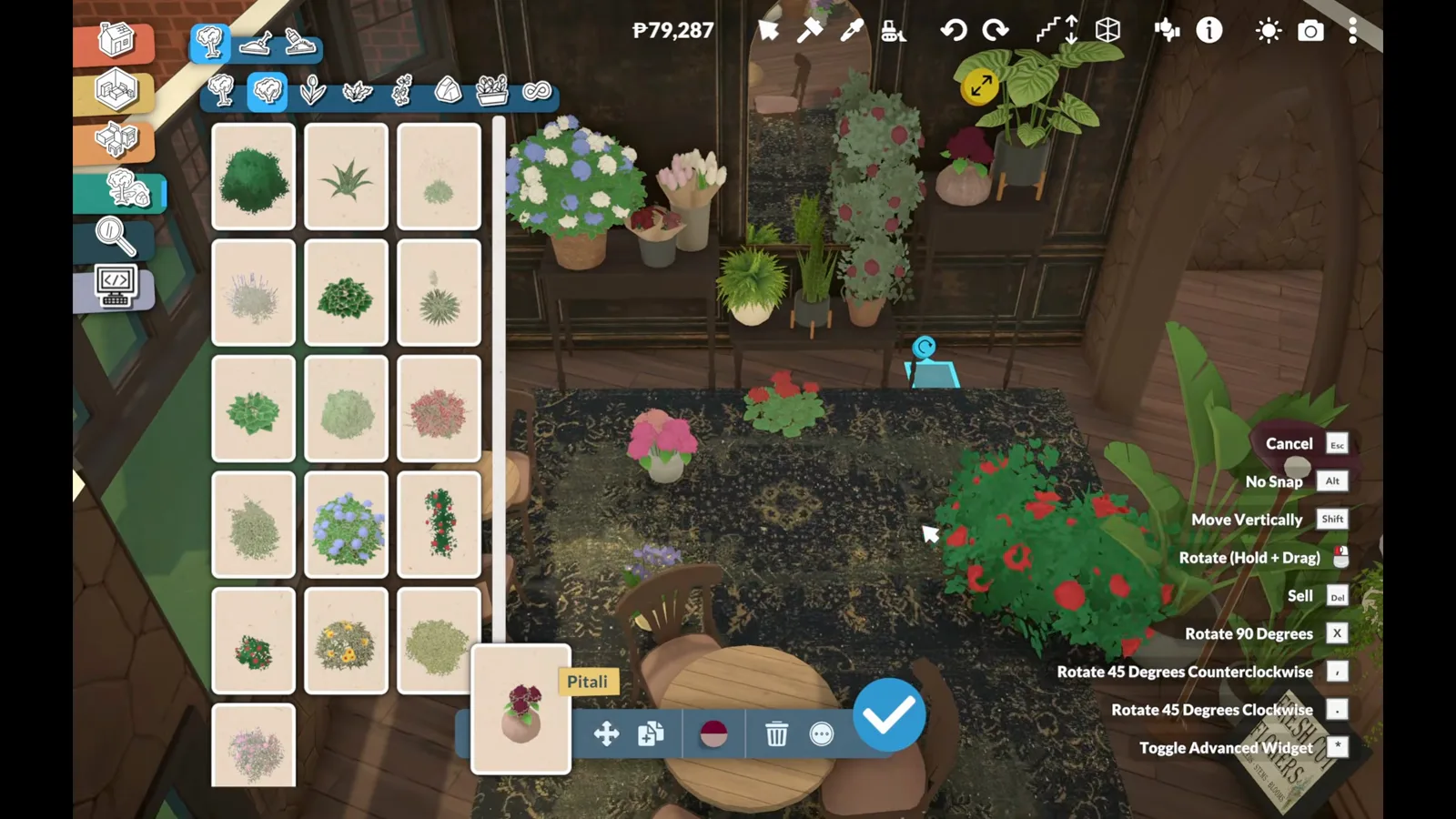 Paralives flower shop café seating with a patterned rug, wooden tables and a potted rose selected from the plant catalogue Paralives flower shop café seating with a patterned rug, wooden tables and a potted rose selected from the plant catalogue