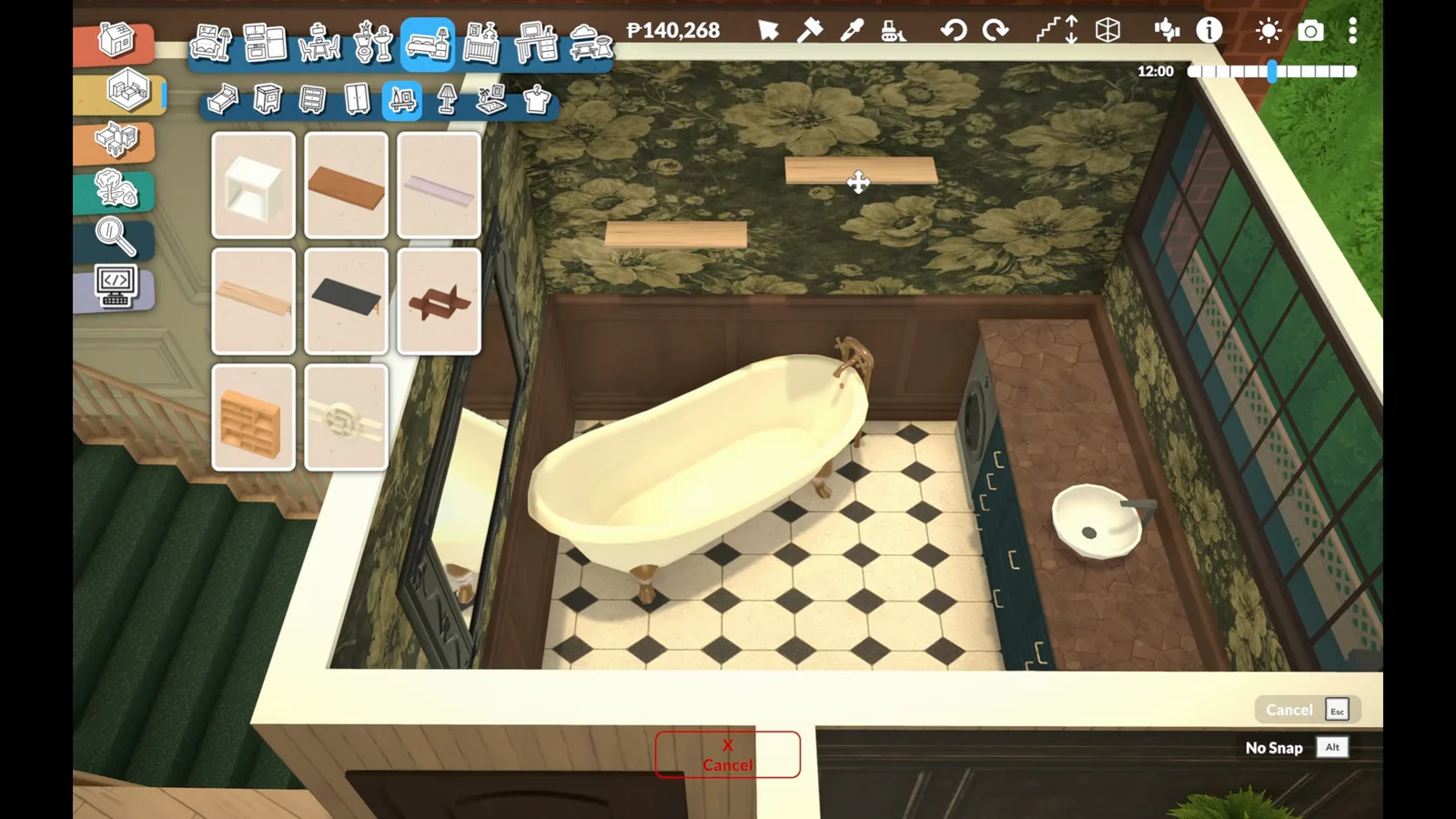 Paralives flower shop bathroom with a cream clawfoot tub on black-and-white checkered tile under green floral wallpaper Paralives flower shop bathroom with a cream clawfoot tub on black-and-white checkered tile under green floral wallpaper