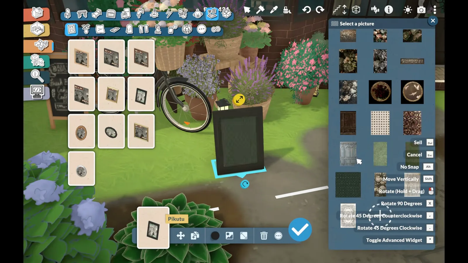 Paralives custom picture selection panel with personal photos open beside a framed picture and a flower-loaded bicycle in a garden Paralives custom picture selection panel with personal photos open beside a framed picture and a flower-loaded bicycle in a garden