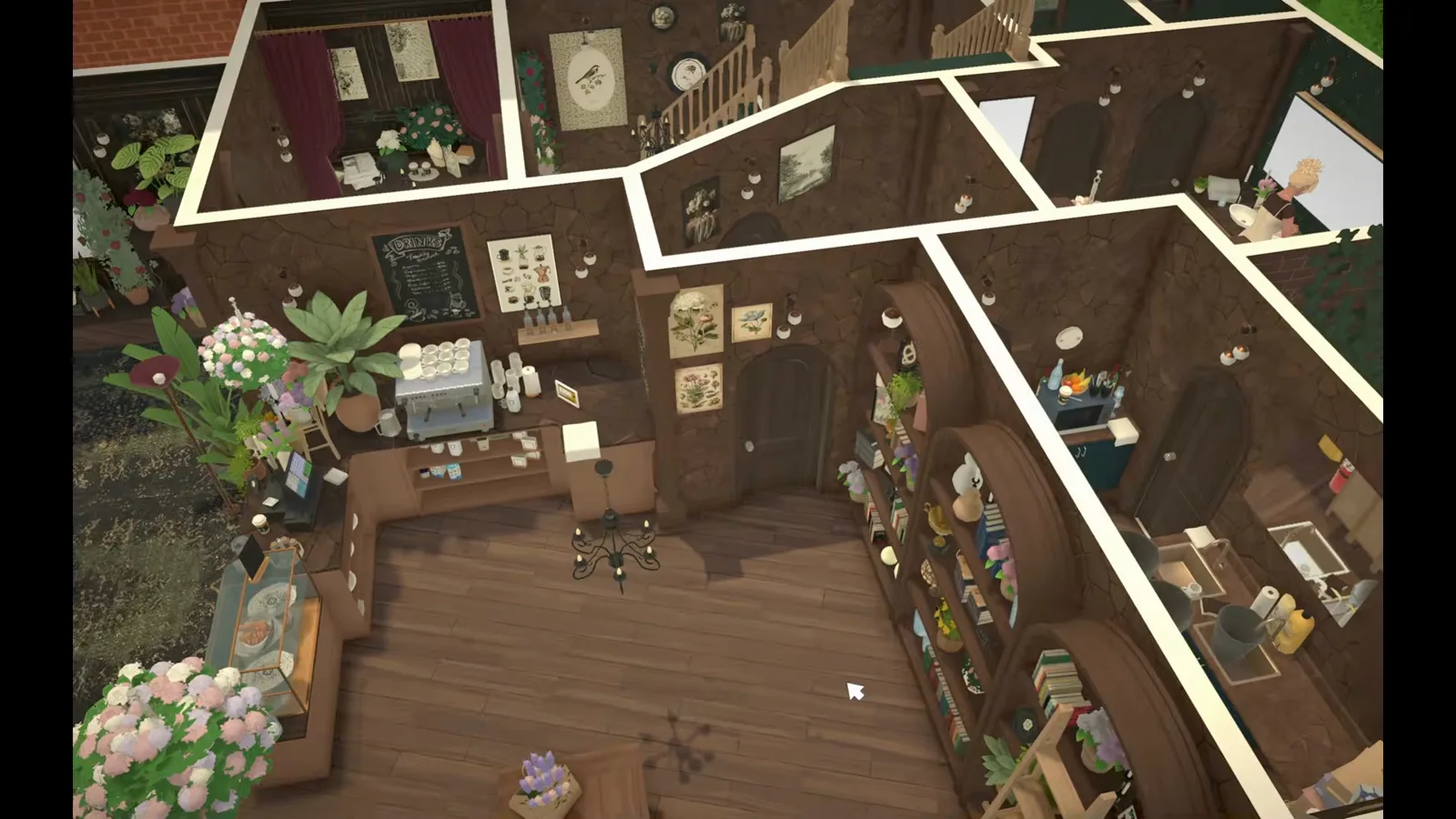 Roofless top-down view of a finished Paralives flower shop showing the cafe counter, flower shelves, kitchen and chandelier Roofless top-down view of a finished Paralives flower shop showing the cafe counter, flower shelves, kitchen and chandelier