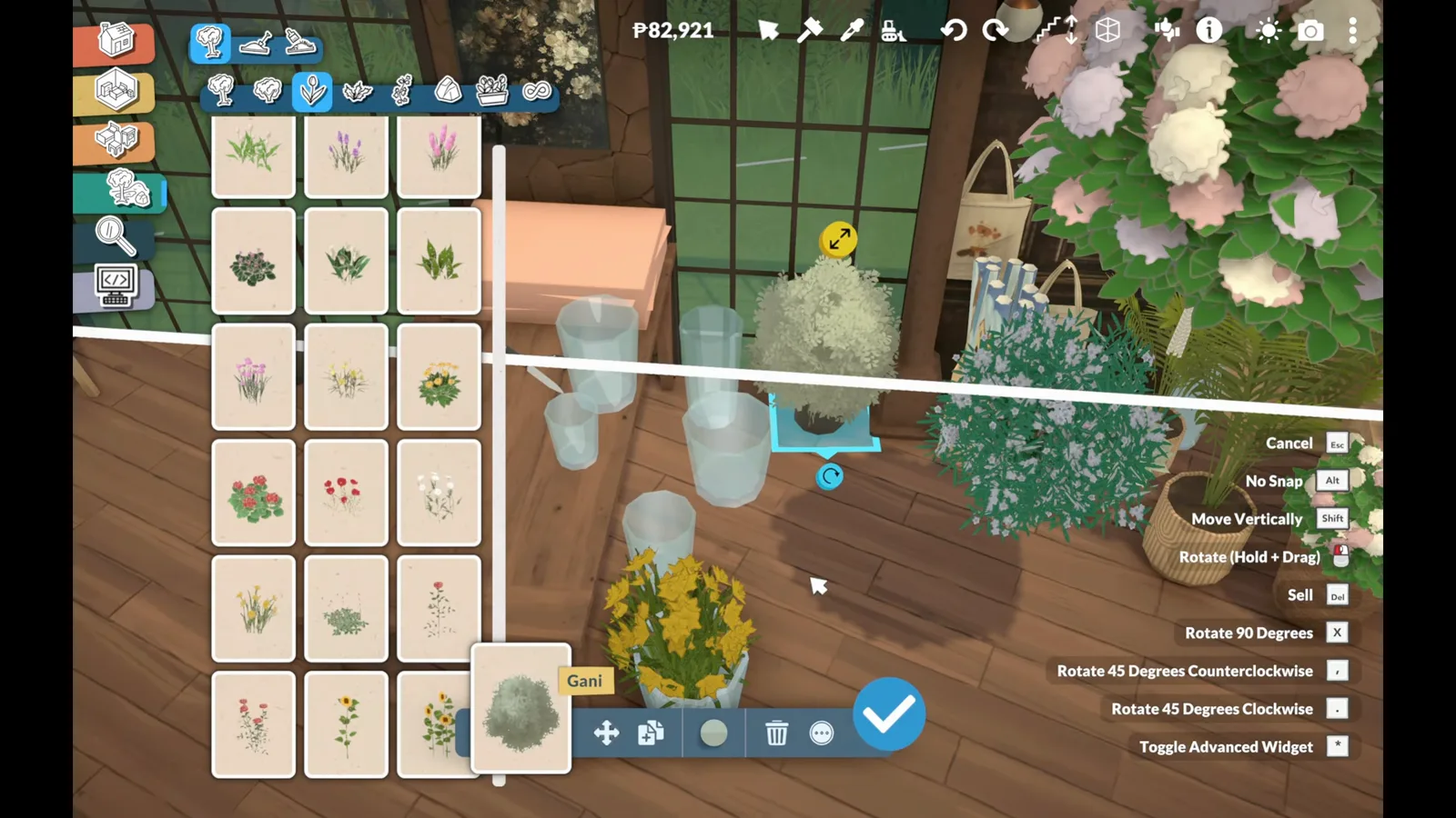 Paralives plant catalogue selecting a green shrub beside yellow daffodils, glass vases and peonies at a flower shop workbench Paralives plant catalogue selecting a green shrub beside yellow daffodils, glass vases and peonies at a flower shop workbench