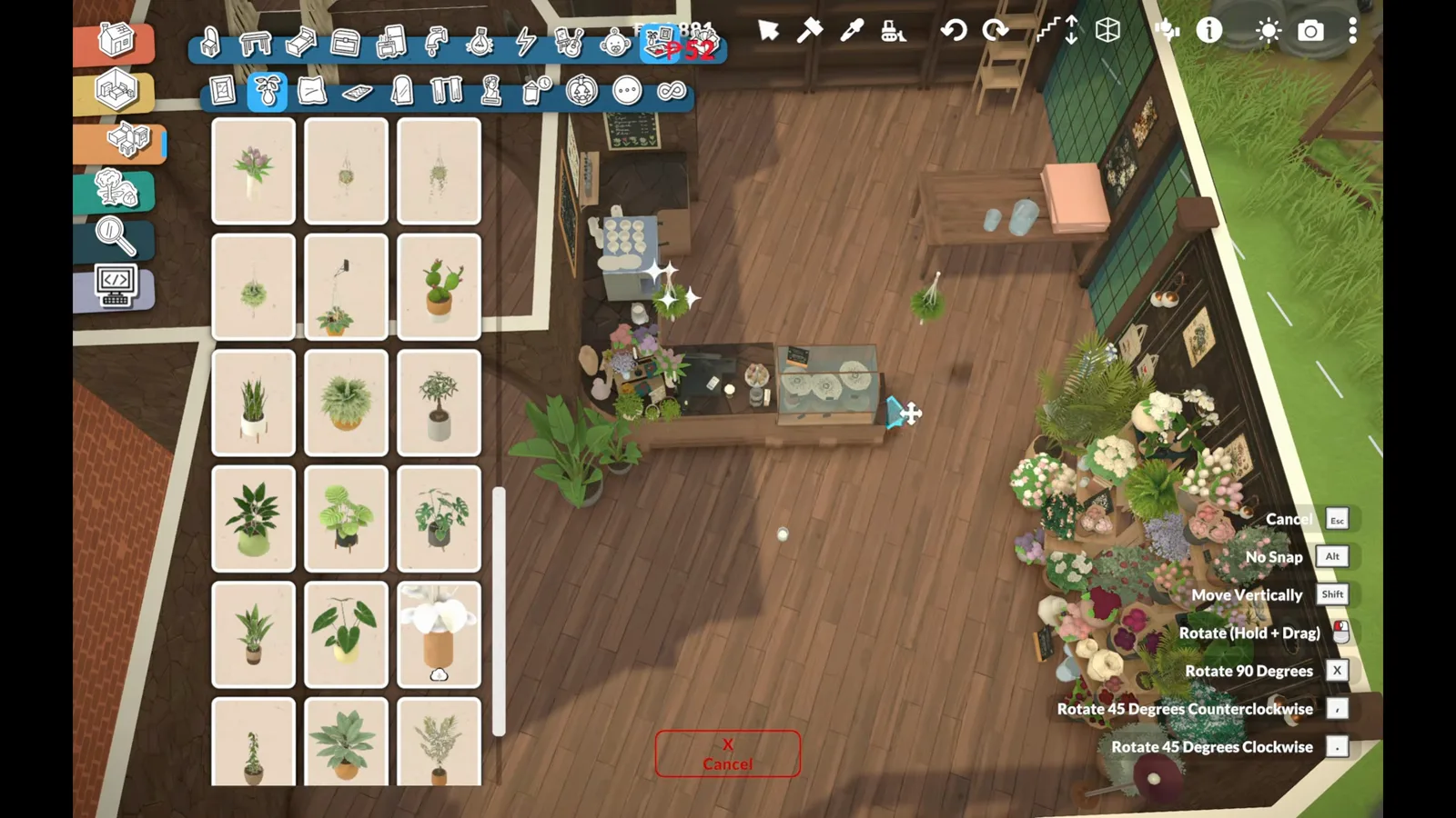 Top-down view of a Paralives flower shop showing the counter, display case and a hanging plant being placed with sparkles Top-down view of a Paralives flower shop showing the counter, display case and a hanging plant being placed with sparkles