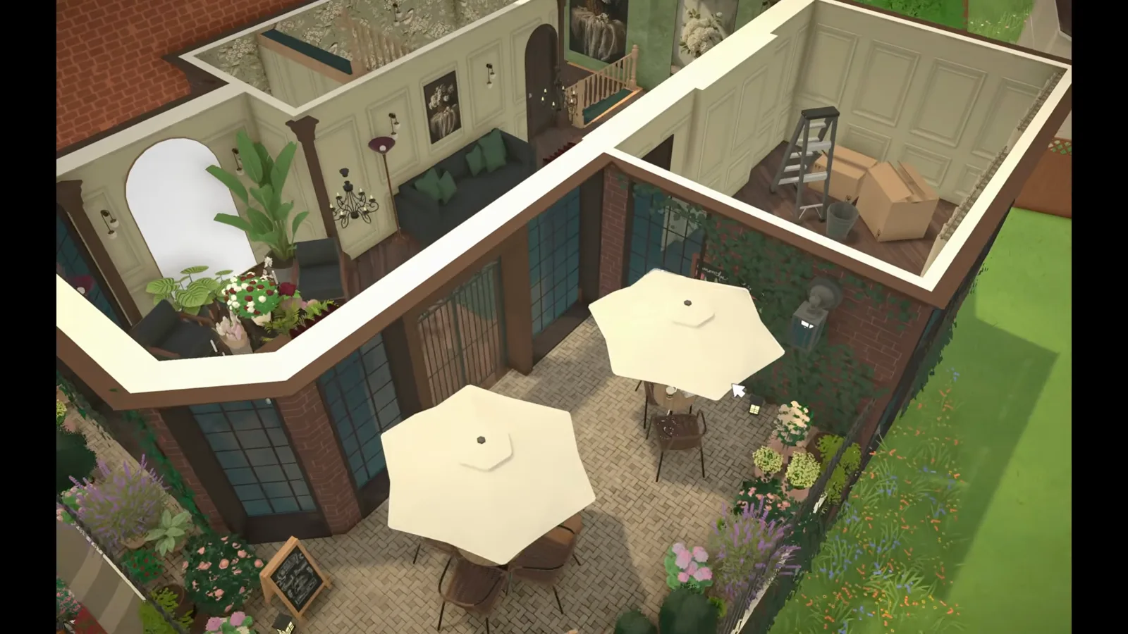 Roof terrace garden of a Paralives flower shop with two cream parasols, bistro tables, flower beds and a chalkboard sign seen from above Roof terrace garden of a Paralives flower shop with two cream parasols, bistro tables, flower beds and a chalkboard sign seen from above