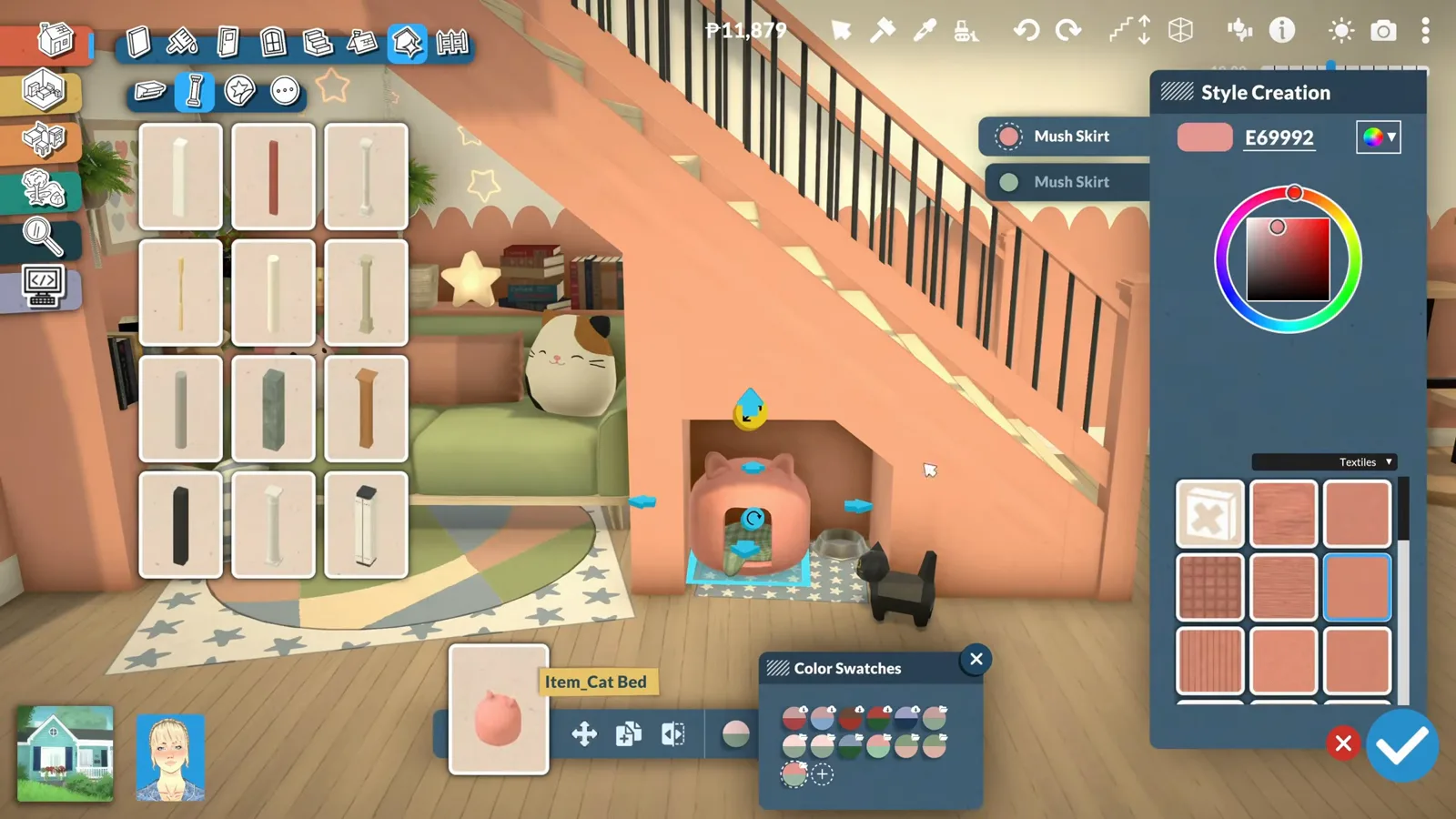 A pink cat bed placed in the nook under a Paralives staircase beside a plush kitten and a food bowl while Style Creation recolours the bed A pink cat bed placed in the nook under a Paralives staircase beside a plush kitten and a food bowl while Style Creation recolours the bed