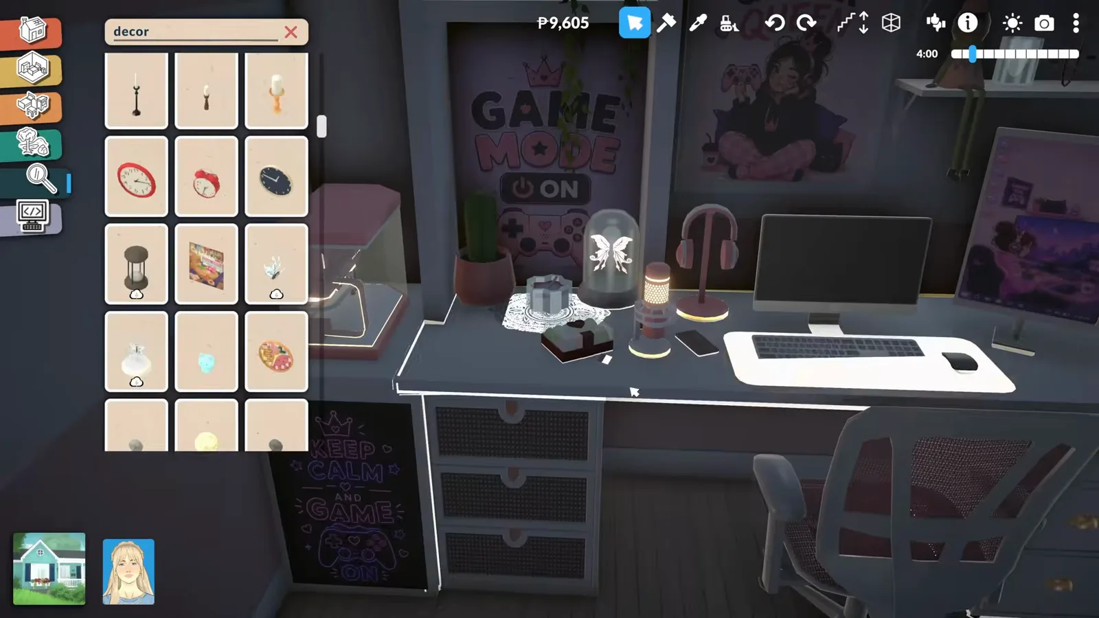 Dressing a Paralives gaming desk at night with a glowing desk mat, a lamp and a GAME MODE ON poster while searching the decor catalogue Dressing a Paralives gaming desk at night with a glowing desk mat, a lamp and a GAME MODE ON poster while searching the decor catalogue