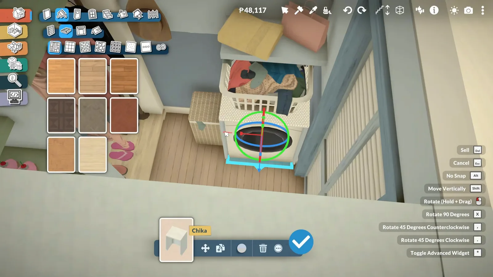 A washing machine tucked under the shelves of a Paralives dressing room with a full laundry basket on top A washing machine tucked under the shelves of a Paralives dressing room with a full laundry basket on top