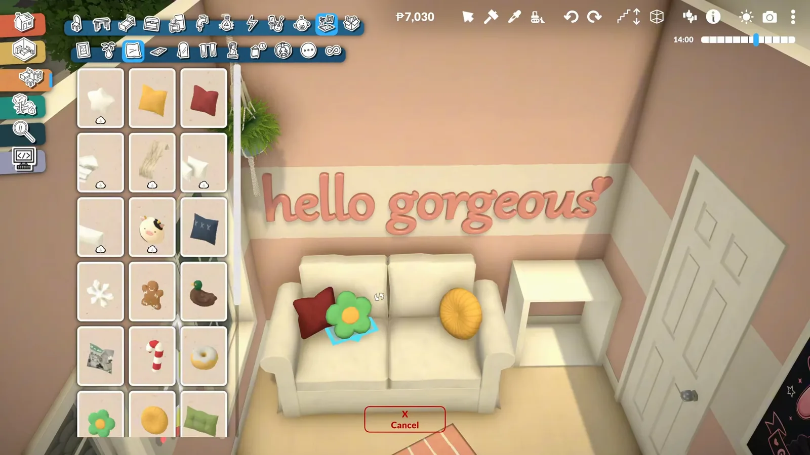 A white sofa with a flower pillow under a hello gorgeous neon sign in the lounge corner of a Paralives gaming room A white sofa with a flower pillow under a hello gorgeous neon sign in the lounge corner of a Paralives gaming room