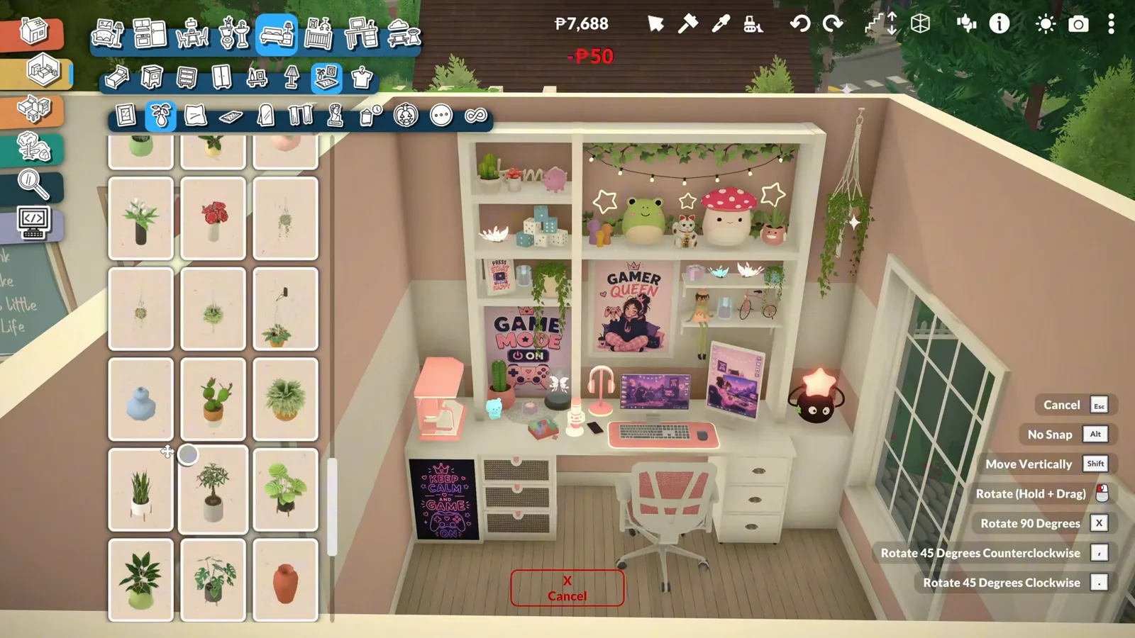 Paralives gaming room at night: a dual-monitor desk under star string lights and a GAMER QUEEN poster, shelves glowing — the finished speed build this guide follows Paralives gaming room at night: a dual-monitor desk under star string lights and a GAMER QUEEN poster, shelves glowing — the finished speed build this guide follows