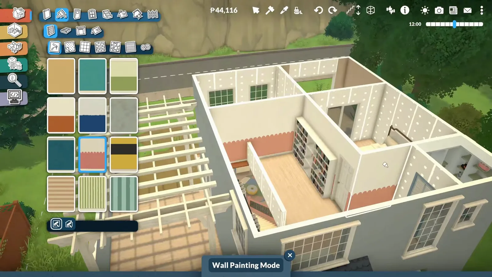 A full bookshelf library wall lining the upstairs hallway of a Paralives house, seen from above in build mode A full bookshelf library wall lining the upstairs hallway of a Paralives house, seen from above in build mode