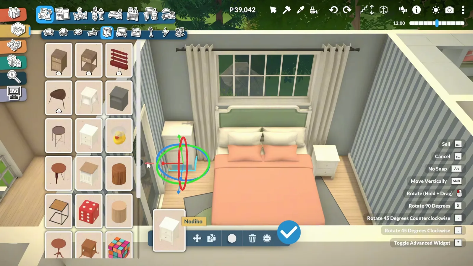 A peaceful Paralives bedroom in soft pastels with a peach bed, nightstands and striped wallpaper kept deliberately undecorated A peaceful Paralives bedroom in soft pastels with a peach bed, nightstands and striped wallpaper kept deliberately undecorated