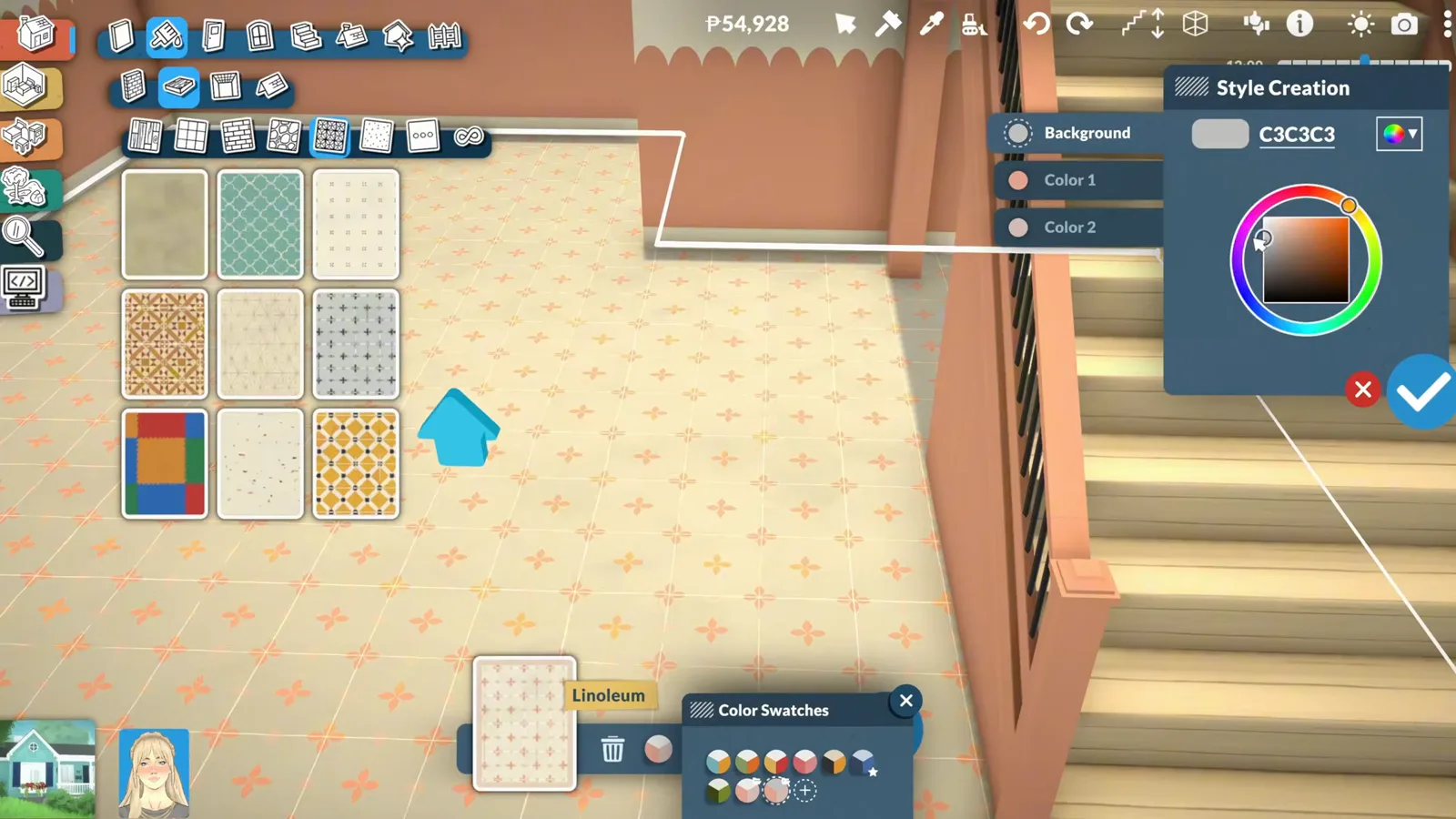 Paralives Style Creation panel with a hex colour code box, colour wheel and saved colour swatches open over the floor pattern catalogue Paralives Style Creation panel with a hex colour code box, colour wheel and saved colour swatches open over the floor pattern catalogue