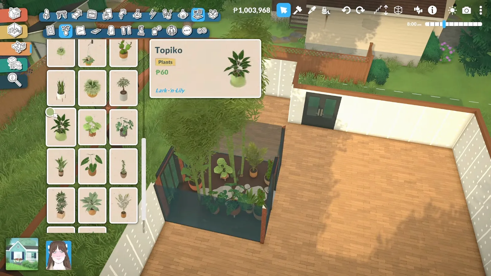 Paralives plant catalogue hovering a potted-plant card over a glass atrium planted so densely its dark floor barely shows between the pots. Paralives plant catalogue hovering a potted-plant card over a glass atrium planted so densely its dark floor barely shows between the pots.