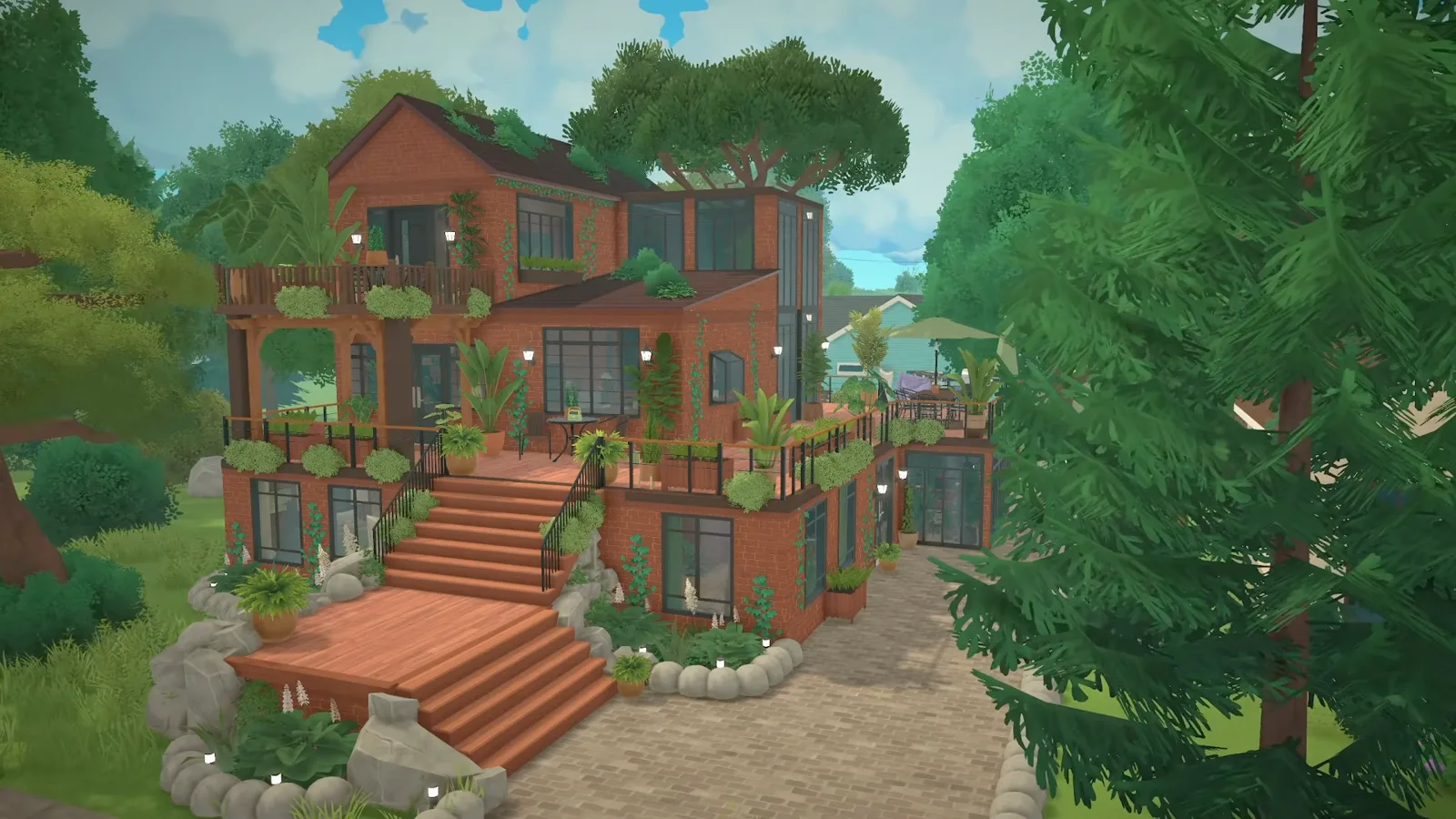Aerial view of a finished Paralives garden build: a terraced brick house wrapped in planters, with exterior staircases, boulder-edged paths and tall trees closing around it. Aerial view of a finished Paralives garden build: a terraced brick house wrapped in planters, with exterior staircases, boulder-edged paths and tall trees closing around it.