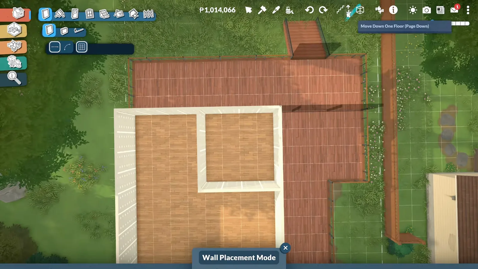 Paralives Wall Placement Mode cutting a square opening through wooden floors while a Move Down One Floor toast sits in the top corner. Paralives Wall Placement Mode cutting a square opening through wooden floors while a Move Down One Floor toast sits in the top corner.
