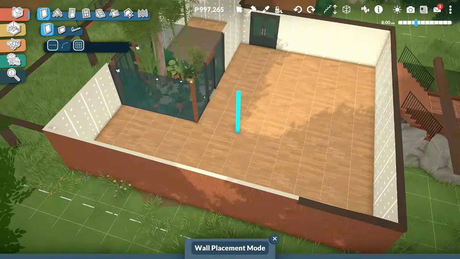 Paralives walls rising around the planted glass atrium in an overhead view of the ground floor beside the exterior staircase. Paralives walls rising around the planted glass atrium in an overhead view of the ground floor beside the exterior staircase.