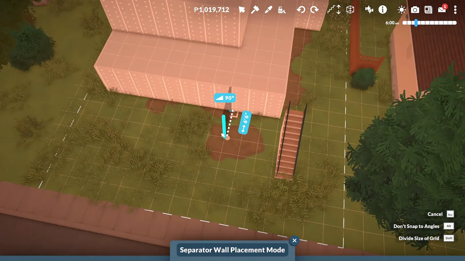 Paralives Separator Wall Placement Mode snapping a pale wall segment onto a grassy slope, a 90-degree angle tag above and an exterior wooden staircase to the right. Paralives Separator Wall Placement Mode snapping a pale wall segment onto a grassy slope, a 90-degree angle tag above and an exterior wooden staircase to the right.