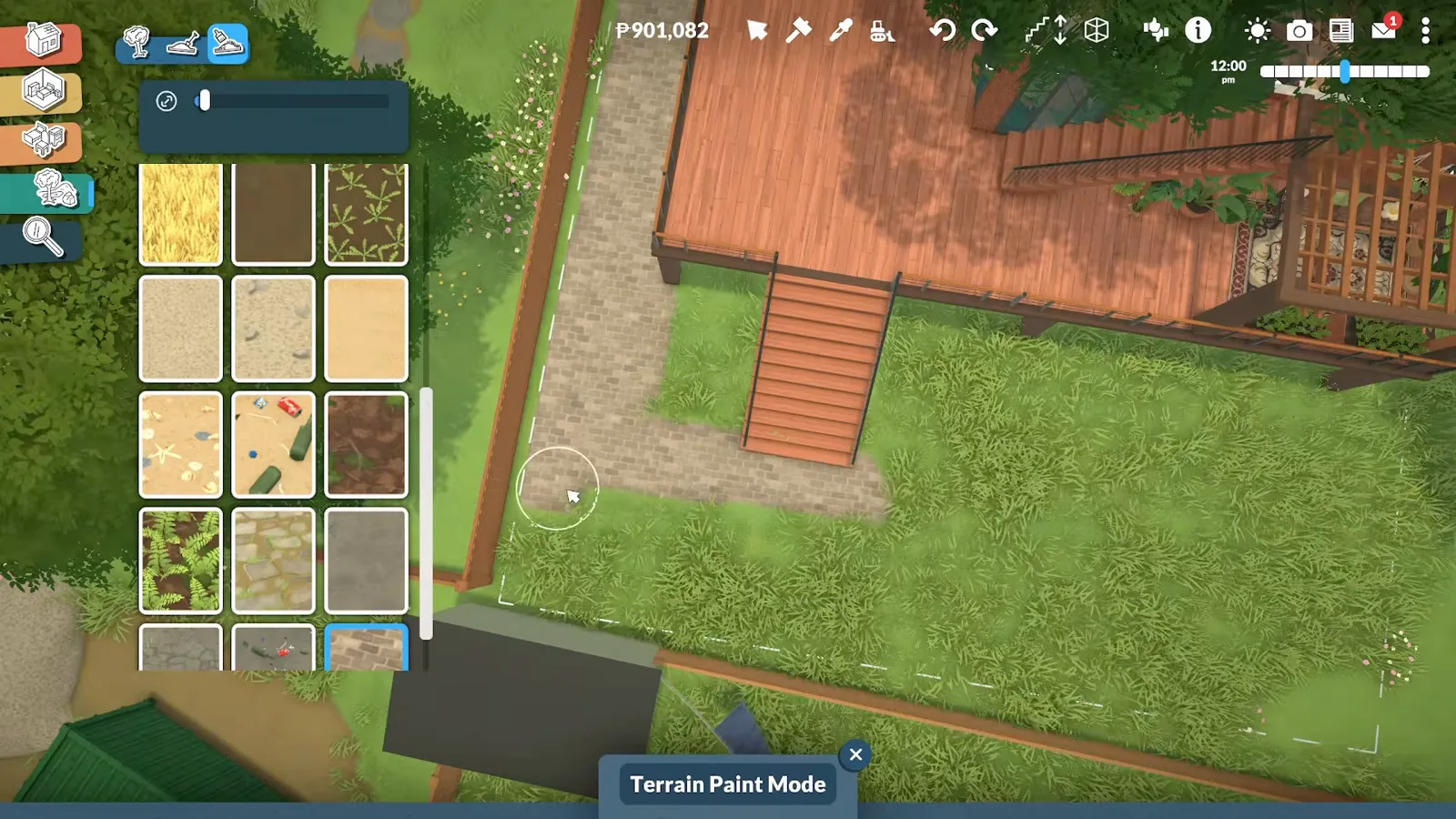 Paralives Terrain Paint Mode catalogue open beside a brush circle on the lawn next to a paved path and the deck's exterior stairs. Paralives Terrain Paint Mode catalogue open beside a brush circle on the lawn next to a paved path and the deck's exterior stairs.