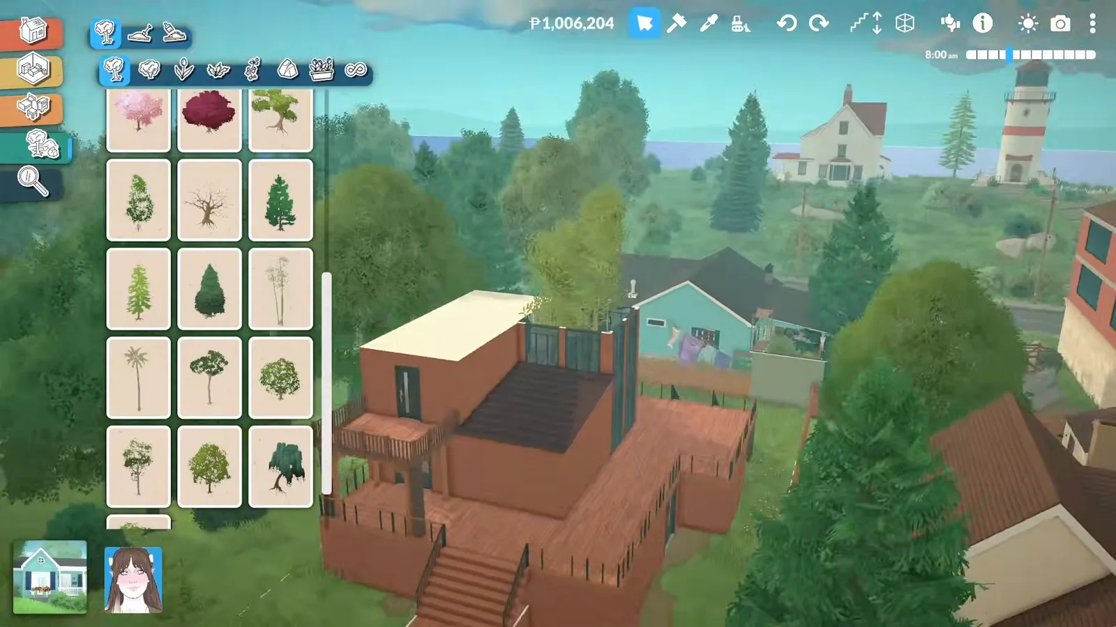 Paralives tree catalogue with conifer, palm and bamboo cards open above a house whose roof shows the dark atrium opening between the decks. Paralives tree catalogue with conifer, palm and bamboo cards open above a house whose roof shows the dark atrium opening between the decks.