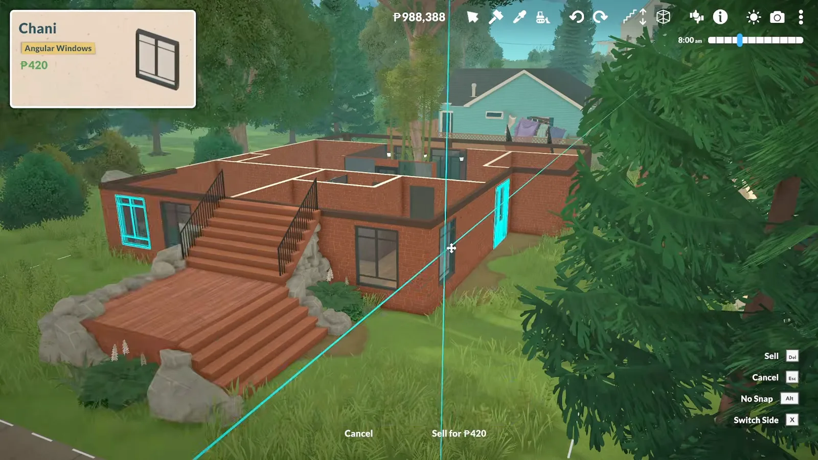 Paralives angular-window catalogue card hovering as a cyan-highlighted window drops into the ground-floor wall beside the rock-edged staircase. Paralives angular-window catalogue card hovering as a cyan-highlighted window drops into the ground-floor wall beside the rock-edged staircase.