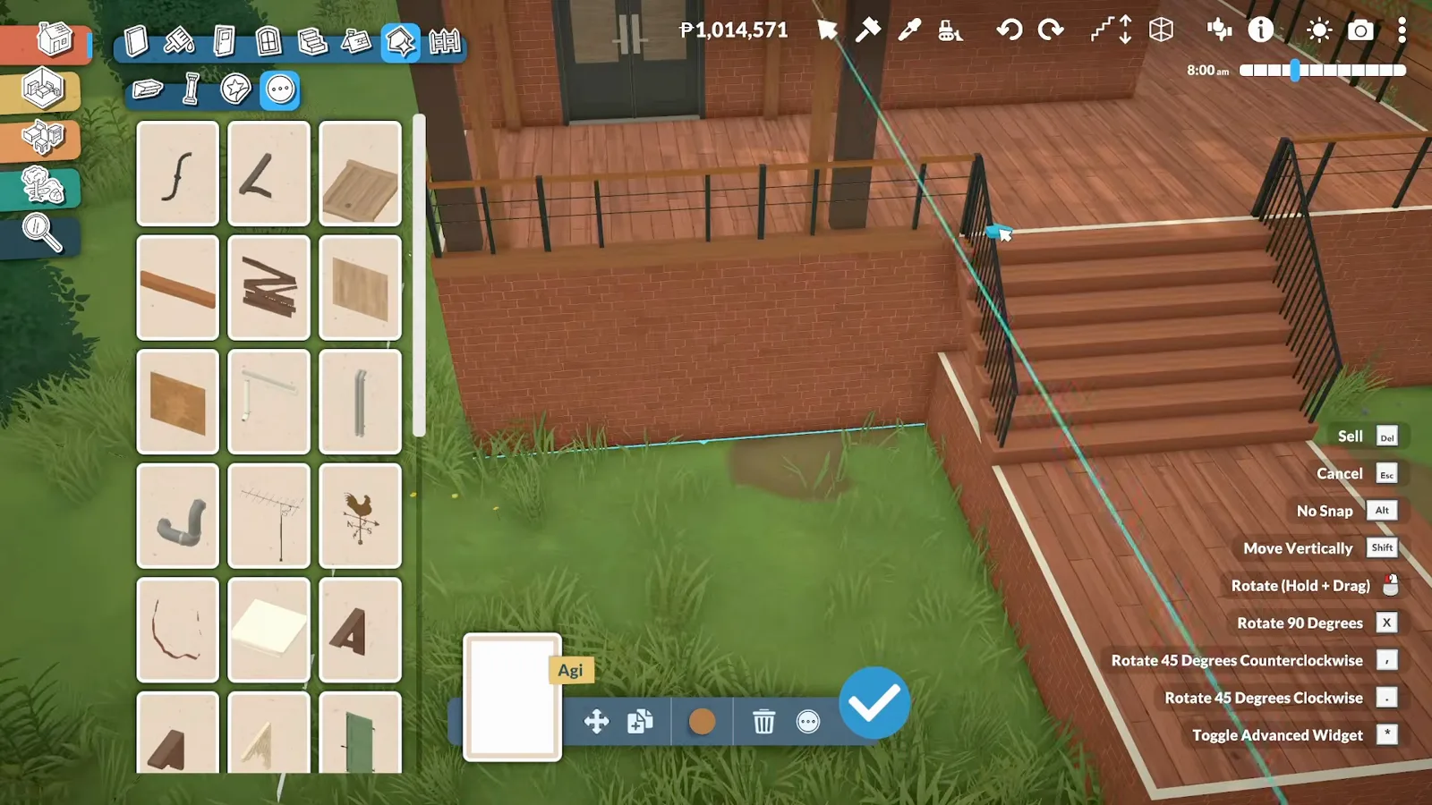 Paralives placement wheel holding a wooden beam against a deck wall while a white seam line runs down beside the exterior staircase. Paralives placement wheel holding a wooden beam against a deck wall while a white seam line runs down beside the exterior staircase.