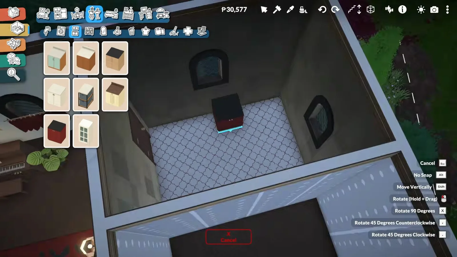 A Paralives bathroom with near-black walls, a red vanity with black counter and a pointed-arch window, seen from above A Paralives bathroom with near-black walls, a red vanity with black counter and a pointed-arch window, seen from above