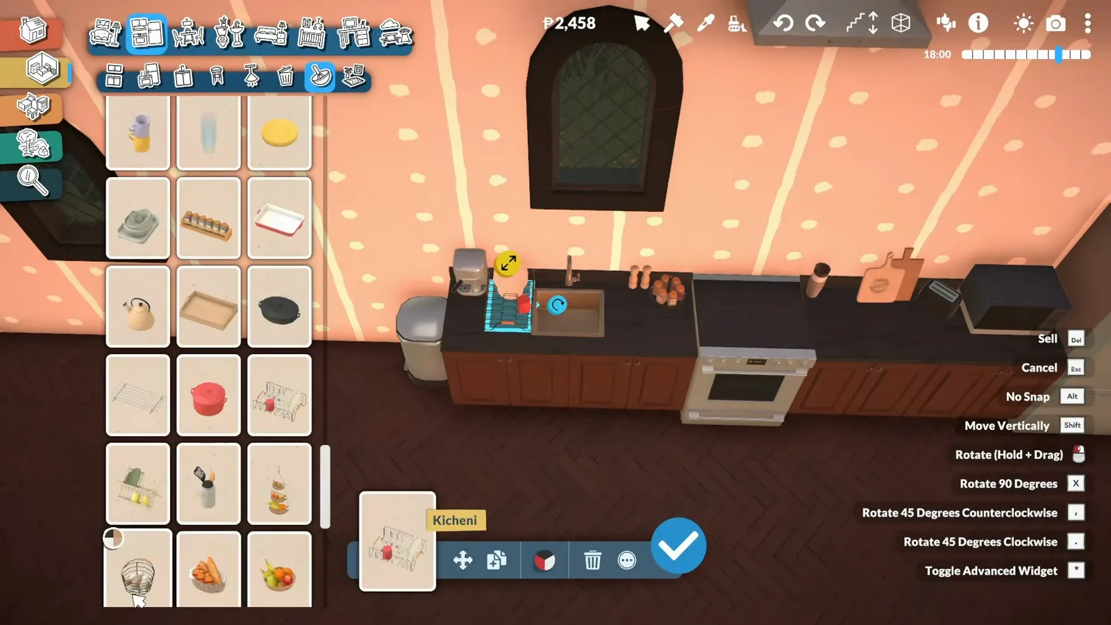 A Paralives kitchen with dark wood cabinets and black counters set under tall gothic arch windows, room label menu open A Paralives kitchen with dark wood cabinets and black counters set under tall gothic arch windows, room label menu open