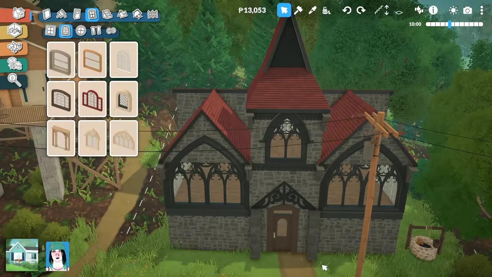 A row of tall pointed-arch gothic windows with dark frames fitted into the gray stone facade of a Paralives church conversion, window catalogue open A row of tall pointed-arch gothic windows with dark frames fitted into the gray stone facade of a Paralives church conversion, window catalogue open