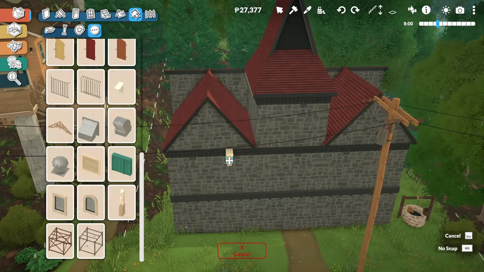Three steep dark-red roof segments stepping down a Paralives church conversion with a near-black spire rising over the gray stone facade Three steep dark-red roof segments stepping down a Paralives church conversion with a near-black spire rising over the gray stone facade