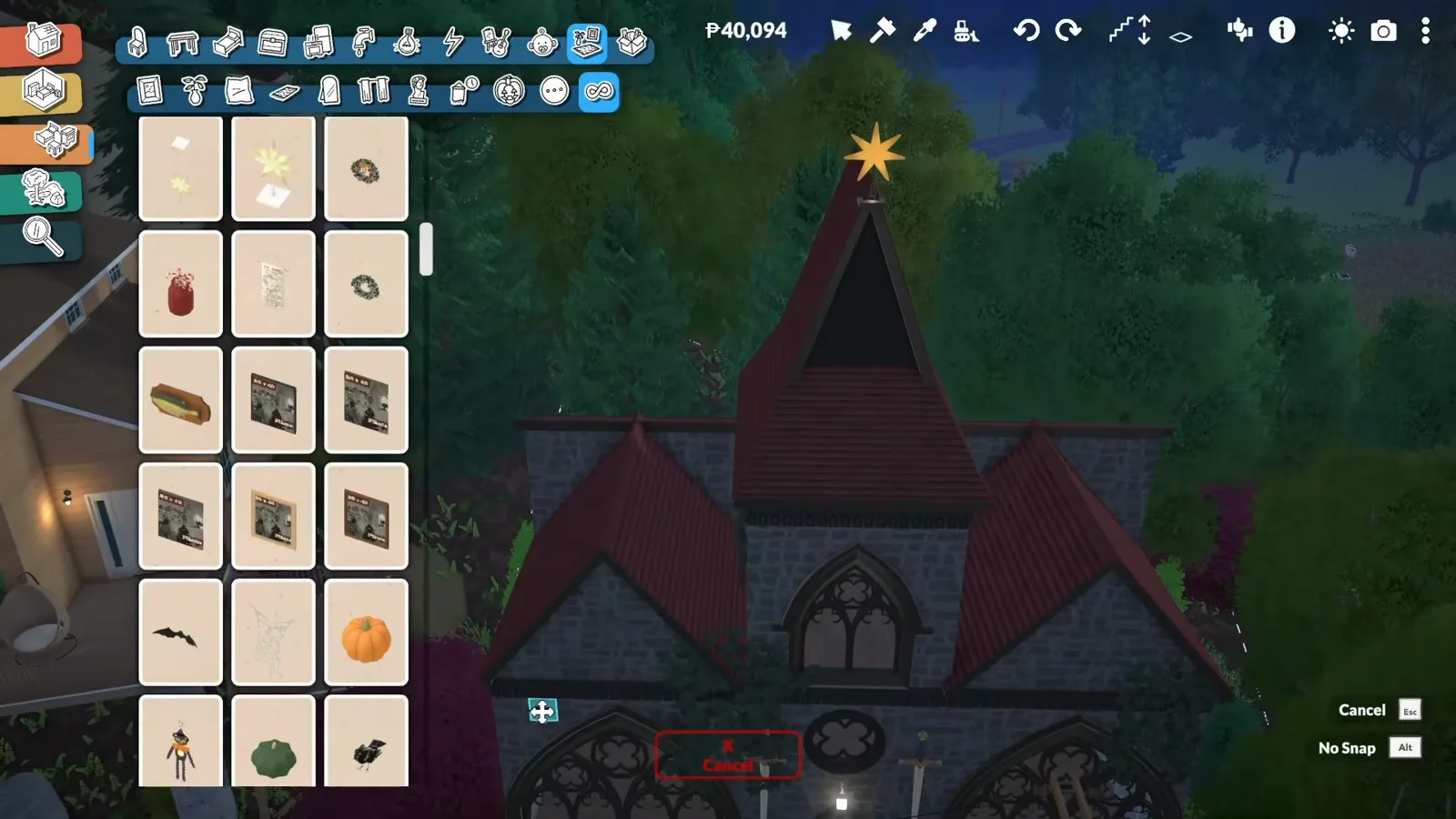 A gold star ornament mounted on the tip of a dark spire above a Paralives gothic church conversion at dusk, item catalogue open A gold star ornament mounted on the tip of a dark spire above a Paralives gothic church conversion at dusk, item catalogue open