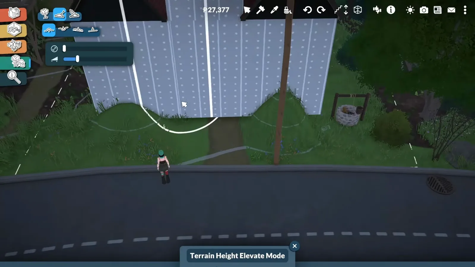 Paralives Terrain Height Elevate Mode brush pulling the ground up along the wall line of a house shell on a sloped corner lot Paralives Terrain Height Elevate Mode brush pulling the ground up along the wall line of a house shell on a sloped corner lot