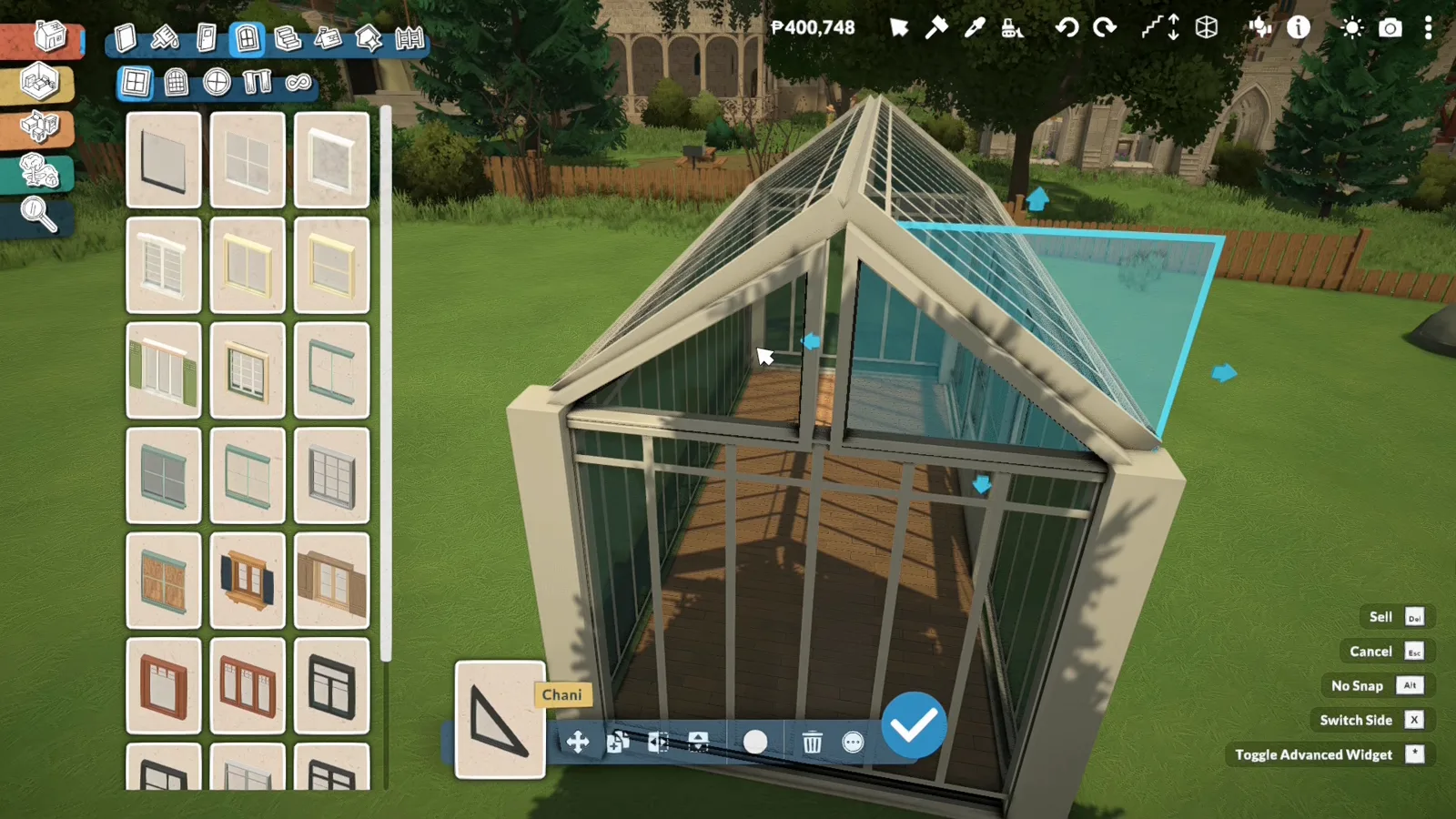 A triangular window pane set into the apex of a Paralives greenhouse gable with four move handles around the selection A triangular window pane set into the apex of a Paralives greenhouse gable with four move handles around the selection