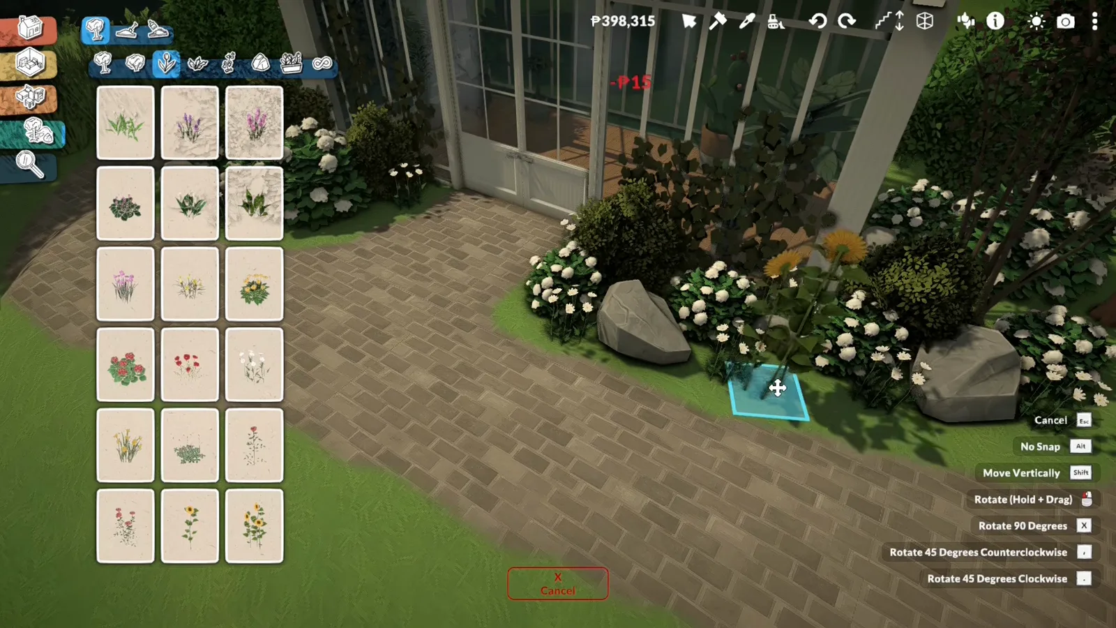 A Paralives flower border of sunflowers, daisies and boulders overlapping painted brick paving, with the ground-plant catalogue and rotation hints on screen A Paralives flower border of sunflowers, daisies and boulders overlapping painted brick paving, with the ground-plant catalogue and rotation hints on screen