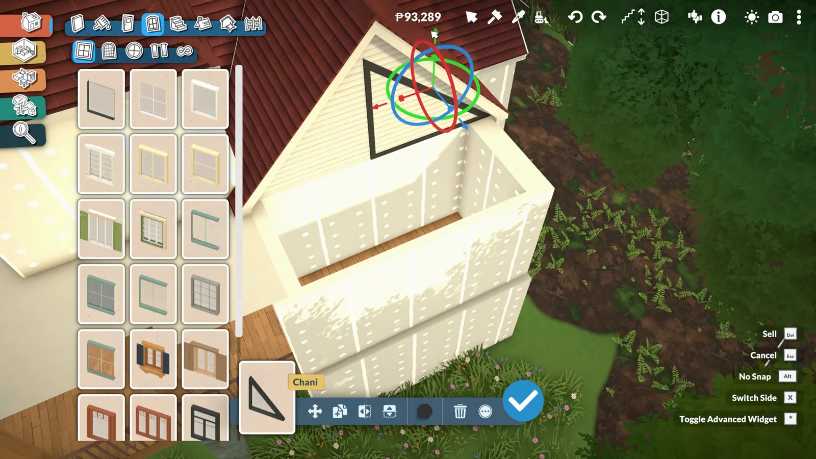 A black-framed triangular window held high in a Paralives cottage gable by the advanced widget rotation ball, windows catalogue open beside it A black-framed triangular window held high in a Paralives cottage gable by the advanced widget rotation ball, windows catalogue open beside it