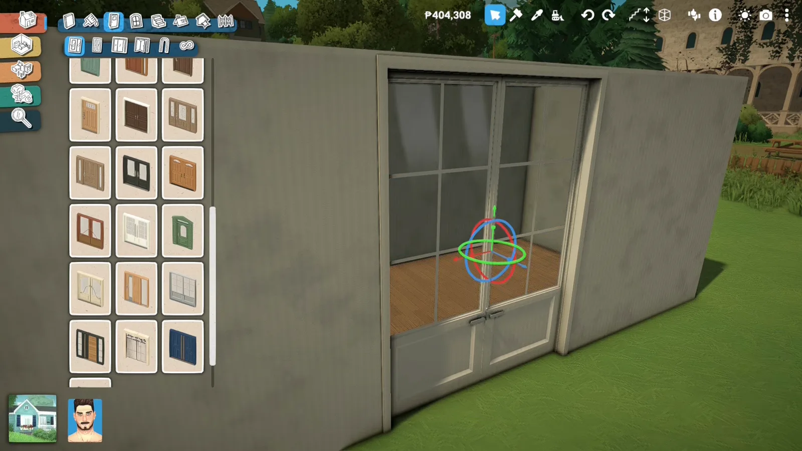 A white-framed glass double door from the Paralives doors catalogue set into a solid greenhouse wall with the advanced transform widget on it A white-framed glass double door from the Paralives doors catalogue set into a solid greenhouse wall with the advanced transform widget on it