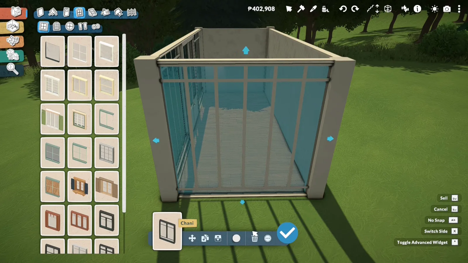A Paralives greenhouse end wall filled floor to ceiling with Chani window pieces, windows catalogue open and blue handles on all four sides of the glazed run A Paralives greenhouse end wall filled floor to ceiling with Chani window pieces, windows catalogue open and blue handles on all four sides of the glazed run