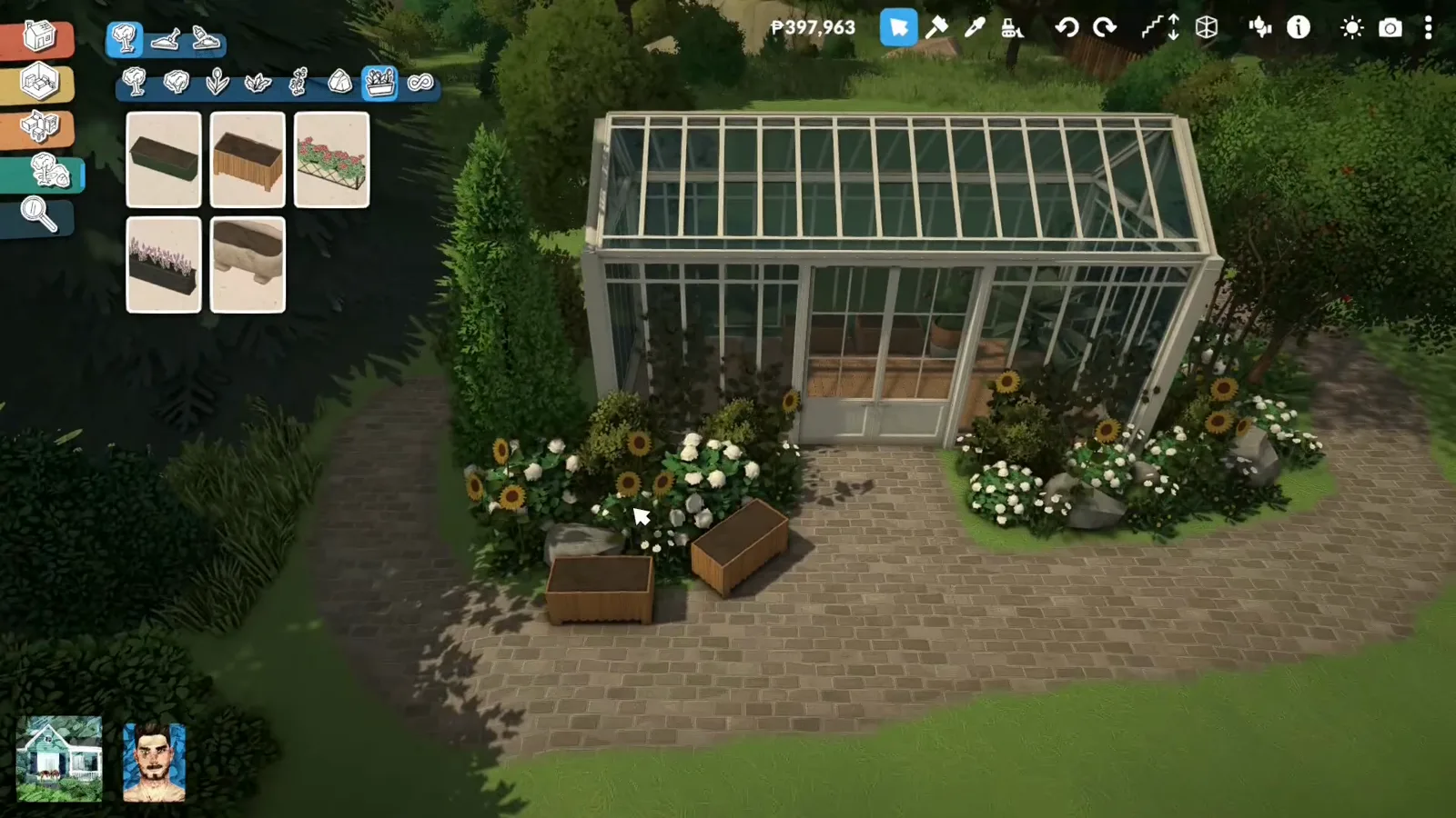 A completed Paralives greenhouse built entirely from window pieces, seen from its painted brick apron with the planter category open and sunflowers at the corners A completed Paralives greenhouse built entirely from window pieces, seen from its painted brick apron with the planter category open and sunflowers at the corners
