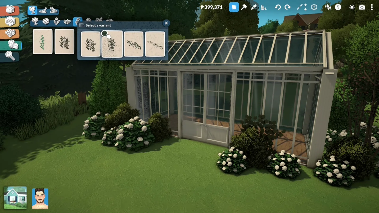 The Select a variant dialog in Paralives offering six foliage densities of the same flowering shrub in front of a finished glasshouse The Select a variant dialog in Paralives offering six foliage densities of the same flowering shrub in front of a finished glasshouse