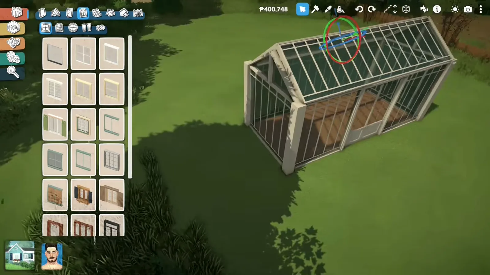 Aerial view of a finished Paralives greenhouse shell with both glass roof slopes closed at the ridge and the windows catalogue still open Aerial view of a finished Paralives greenhouse shell with both glass roof slopes closed at the ridge and the windows catalogue still open