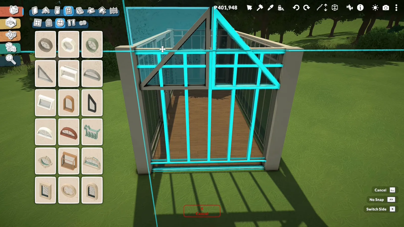 The shaped-window tab of the Paralives catalogue open beside a greenhouse gable whose triangular frame is selected in cyan The shaped-window tab of the Paralives catalogue open beside a greenhouse gable whose triangular frame is selected in cyan