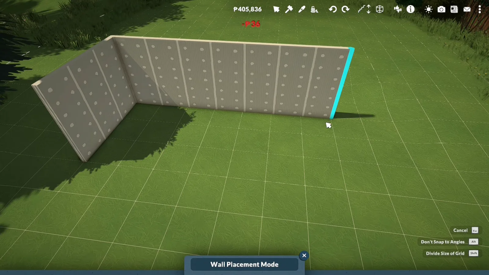 Paralives Wall Placement Mode drawing two grey speckled greenhouse walls at a right angle on the build grid before any glazing exists Paralives Wall Placement Mode drawing two grey speckled greenhouse walls at a right angle on the build grid before any glazing exists