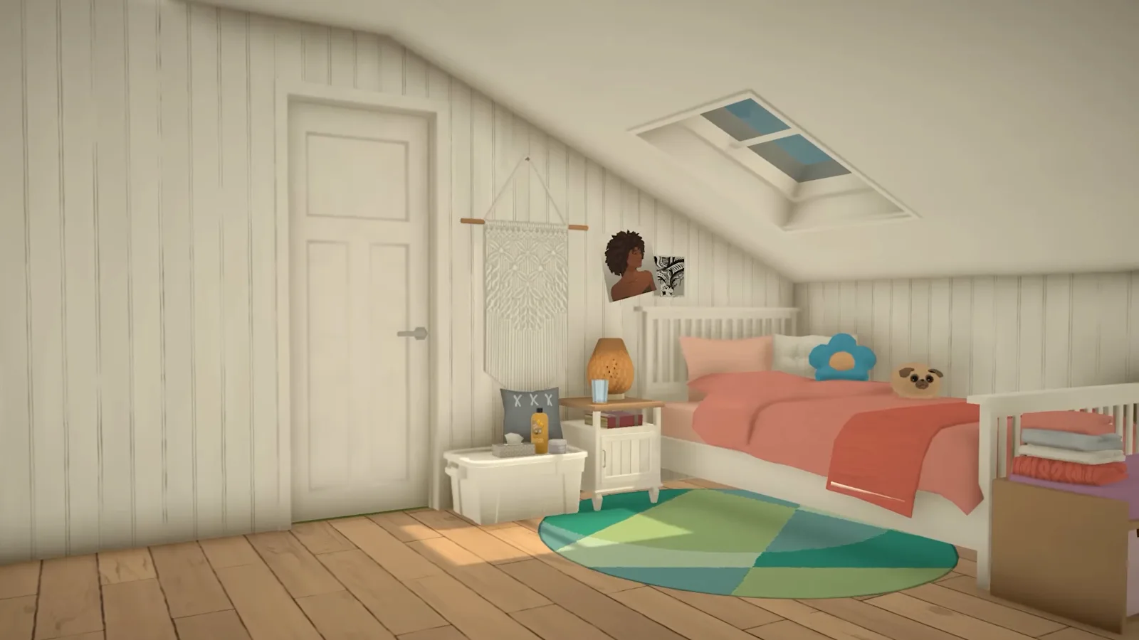 A finished Paralives attic bedroom with sloped white walls and two skylight windows above the bed A finished Paralives attic bedroom with sloped white walls and two skylight windows above the bed