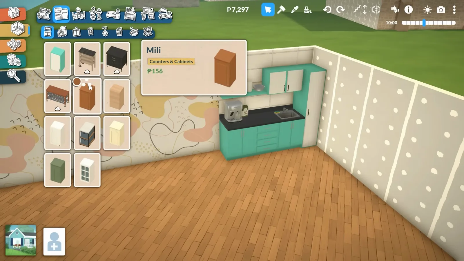 Paralives Mili Counters & Cabinets catalogue card with its three-dot variation menu open over a teal kitchen Paralives Mili Counters & Cabinets catalogue card with its three-dot variation menu open over a teal kitchen