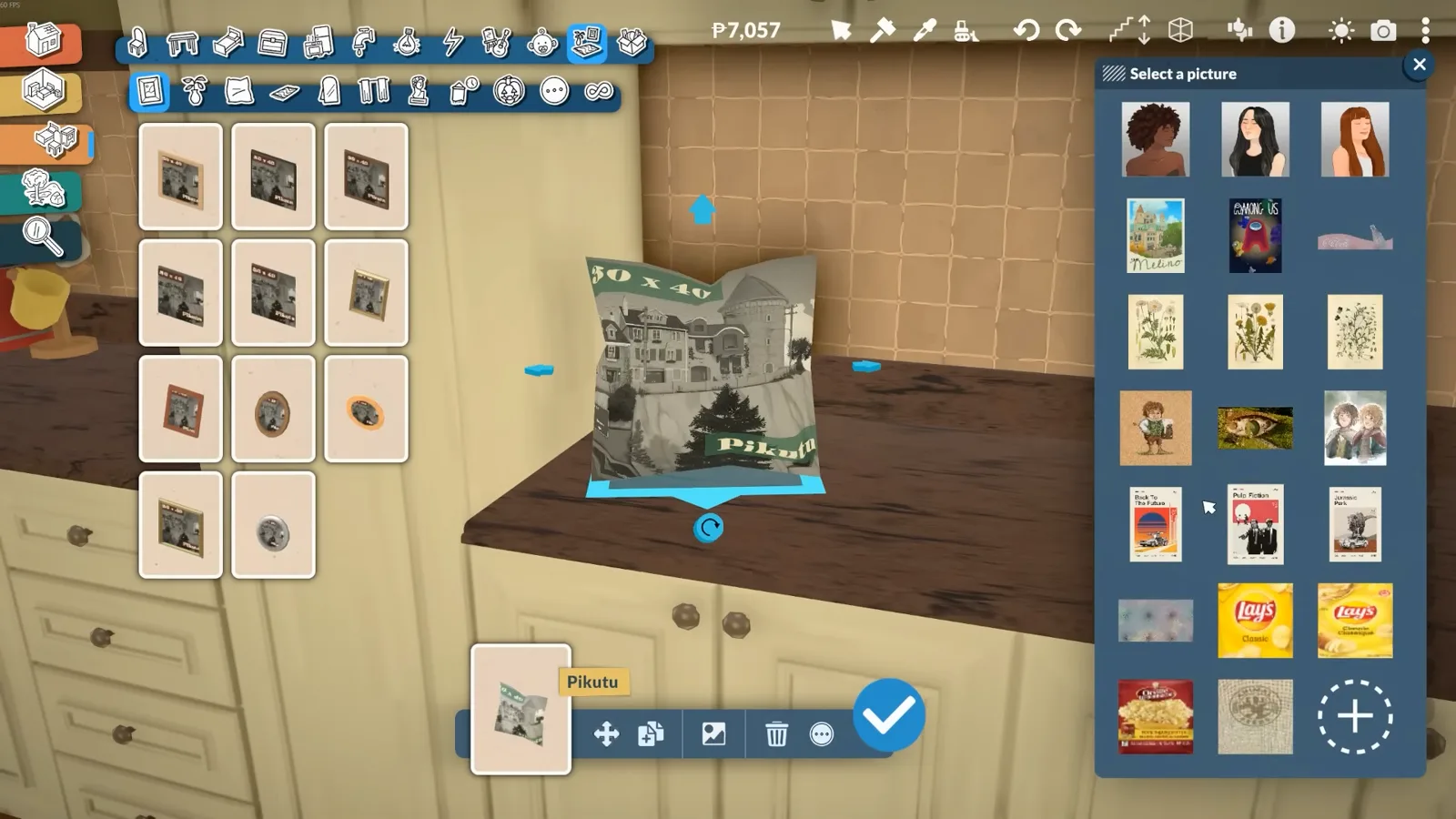 Paralives Select a Custom Design panel loading a player image onto the picture-frame cushion on a kitchen counter Paralives Select a Custom Design panel loading a player image onto the picture-frame cushion on a kitchen counter
