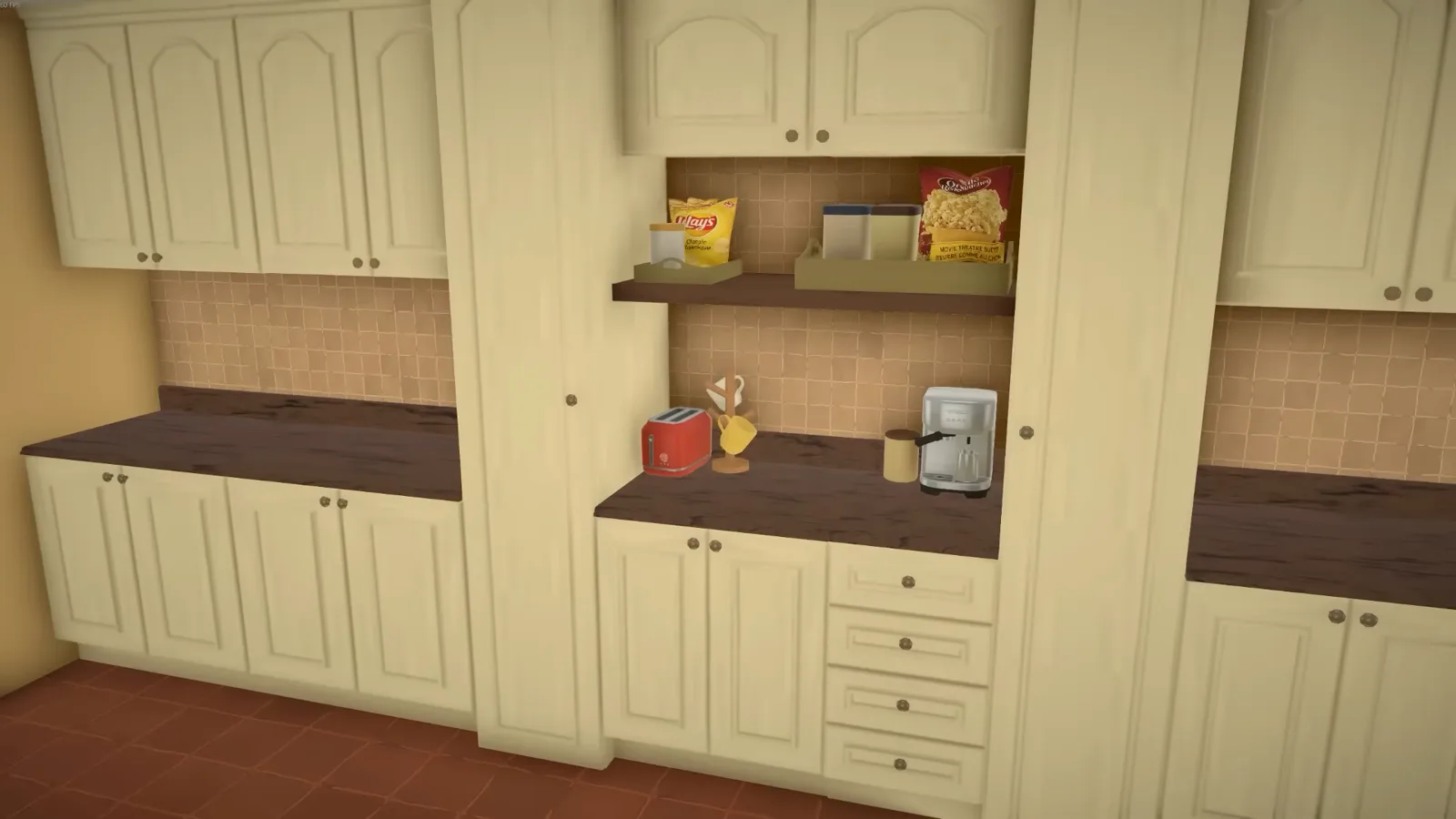 Paralives cream kitchen cupboards styled with cushion-based chip bags and a popcorn box as shelf clutter Paralives cream kitchen cupboards styled with cushion-based chip bags and a popcorn box as shelf clutter